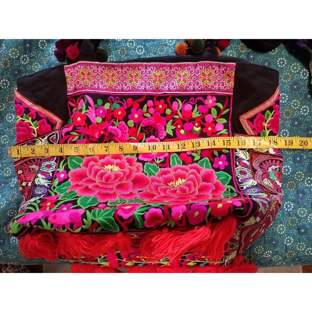 Embroidered Tote Bag Womens Large Multicolor Floral Tassel Boho Canvas Purse